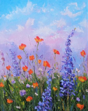 フラワーズ Painting - パレットナイフの花による野生の花の草原の風景の壁の装飾